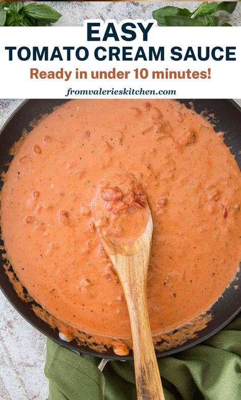 This Easy Tomato Cream Sauce takes less than 10 minutes to prepare and is a great alternative to store-bought sauce. Toss with your favorite cooked pasta for a quick and easy meal! Homemade Tomato Cream Sauce, Tomato Basil Cream Sauce Pasta, Tomato Paste Heavy Cream Pasta, White Wine Tomato Cream Sauce, Pasta Sauce With Canned Diced Tomatoes, Heavy Cream Tomato Pasta Sauce, Spaghetti With Tomato Cream Sauce, Tomato Sauce With Cream Cheese, Light Red Sauce For Pasta