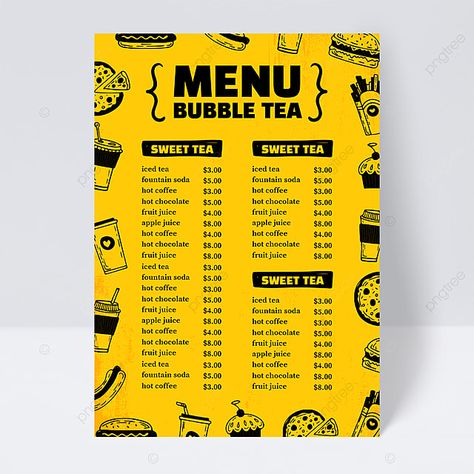 Yellow Milk Tea Shop Menu Bubble Tea Menu, Coffee Menu Design, Yellow Milk, Boba Tea Recipe, Template Menu, Anime Lips, Menu List, Simple Menu, Coffee Menu