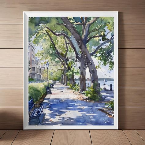 The Battery Charleston Art Print, South Carolina Coastal Watercolor Painting, Southern Mossy Oak Trees Landscape Print Digital Download Oak Trees Landscaping, Coastal Watercolor, Charleston Art, Trees Landscape, Colouring Pics, Watercolour Inspiration, Architecture Drawing Art, Oak Trees, Watercolor Painting Techniques