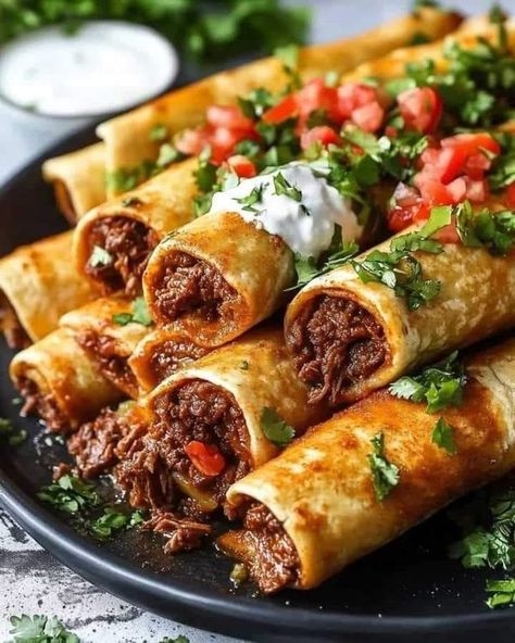 old fashion recipes | Crispy Beef Taquitos with Melted Cheese  | Facebook Health Chicken Recipes, Shredded Beef Recipe, Beef Taquitos, Shredded Beef Recipes, Taquitos Beef, Marinated Cheese, Mexican Shredded Beef, Taquitos Recipe, Avocado Pasta Salad