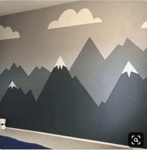 diy-tutorial-how-to-paint-a-mountain-murial-in your-kids-room-nursery-10 Shades Of Gray Paint, Kids Room Wall Paint, Diy Mountain Mural, Mountain Wall Painting, Diy Kids Room, Diy Mountain, Boy Room Paint, Mountain Wall Mural, Mountain Mural