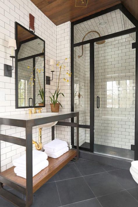 modern bathroom with white subway tile backsplash, black framed shower, grey floor tile Slate Bathroom Floor, Black Tile Bathroom Floor, Slate Bathroom Tile, Cowboy Cottage, Black Bathroom Floor, Slate Bathroom, Black Tile Bathrooms, Cottage Remodel, Instagram Bathroom