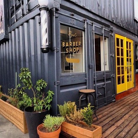 Barber shop in a shipping container?  Why not! Shipping Container Buildings, Shipping Container Architecture, Shipping Container Design, Cargo Container Homes, Container Restaurant, Container Cafe, Container Conversions, Container Buildings, Cargo Container