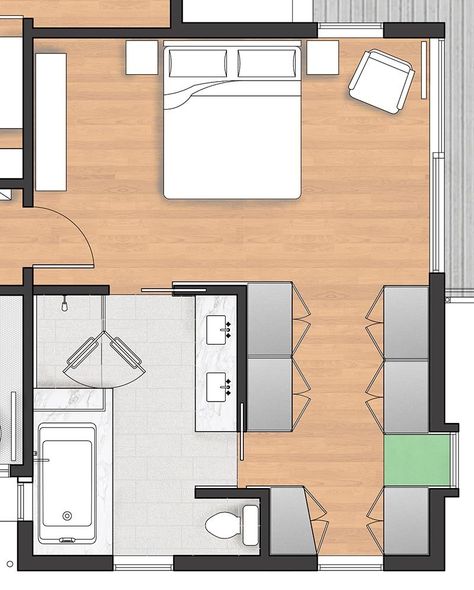 FLOOR PLAN - When Best Practice Architecture was renovating a house in Seattle, Washington, they decided to include a new and modern master suite with a balcony, walk-through closet, and en-suite bathroom. #MasterSuite #MasterBedroom #MasterBathroom #WalkThroughCloset Dröm Hus Planer, Master Suite Layout, Modern Master Suite, Master Suite Floor Plan, Master Remodel, Walk Through Closet, Bedroom Addition, Closet And Bathroom, Bathroom Floor Plans