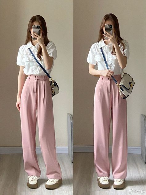 Pantalon Outfit, Tailored Pants Outfit, Outfit Elegant, Church Fits, Pants Outfit Casual, Formal Business, Pink Pants, Loose Pants, Pink Outfit