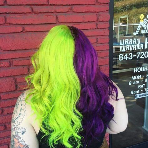 Green Split Dye, Green Hair Ombre, Halloween Hair Color Ideas, Halloween Hair Color, Beetlejuice Costume, Split Dye, Purple Ombre Hair, Split Dyed Hair, Inner Witch