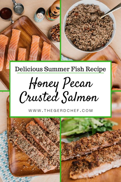 If you've been looking for a dinner recipe to knock the socks off your guests, well check out our Honey Pecan Crusted Salmon, because it will do just that! This fish is sweet, salty, and crunchy, and won't ruin your diet. Try it today! #digetionhealth #digestionhelp #dinnerrecipe #finshfordinner #thebestfishrecipe #salmonrecipe #fishyfood #thegerdlife #fishdinnerrecipe #healthyrecipe #lowcaldinnerrecipe Low Acid Dinner Recipes, Gerd Diet Recipes, Gerd Friendly Recipes, Acid Reflux Friendly Recipes, Low Cal Dinner, Pecan Crusted Salmon, Easy Salmon Recipe, Gerd Friendly, Gerd Recipes