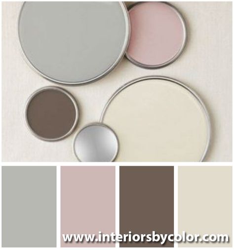 Paint Colors That Go With Pink, Home Office Pink And Gray, Gray Paint With Pink Undertones, Pink Gray Brown Color Palette, Pink Grey Beige Bedroom, Agreeable Gray And Pink, Pink And Brown Home Decor, Pink And Gray Office, Country Bedroom Design