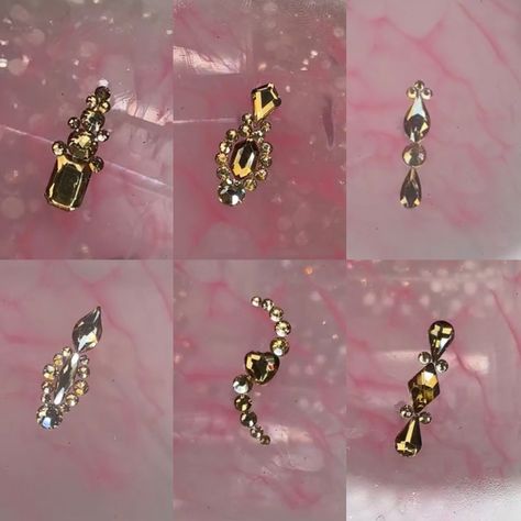 Bling Acrylic Nails Rhinestones Gold, Nail Stone Placement Ideas, Diamond Placement Nails, How To Add Rhinestones To Nails, Charm Placement On Nails, Gemstone Placement Nails, Gem Nails Short, Rhinestone Nail Placement, Nails With Rhinestones And Charms