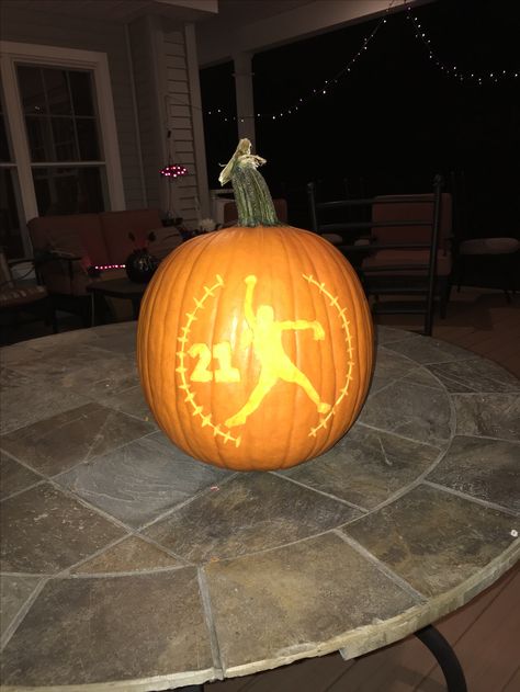 Pumpkin carving softball Pumpkin Carving Ideas Basketball, Sports Pumpkin Carving Ideas, Pumpkin Carving Ideas Sports, Softball Pumpkin Carving Ideas, Softball Pumpkin Ideas, Softball Pumpkins, Baseball Pumpkin Carving, Pumpkin Etching, Baseball Pumpkin