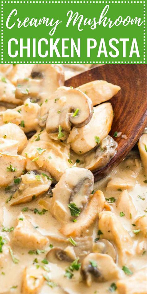 Creamy Mushroom Chicken Pasta is an easy weeknight meal that is ready in less than 30 minutes! A delicious, creamy white wine sauce loaded with mushrooms and tender chicken. Simple ingredients make this dish a budget-friendly weeknight dinner but it also makes a delicious meal for date nights. #chickenmushroompasta #weeknightdinner Creamy Chicken Mushroom Pasta, Pasta Mushroom, Chicken Mushroom Pasta, Creamy Mushroom Chicken, Mushroom Recipes Pasta, Crunchy Chicken, Chicken Mushroom Recipes, Creamy Chicken Pasta, Chicken Mushroom