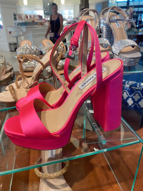 Pink Heels Chunky, Hot Pink Platform Heels Outfit, Black Dress Pink Heels Hoco, Steve Madden Heels Aesthetic, Pink Sweet 16 Shoes, Prom Shoes Pink, Steve Madden Aesthetic, Pink Glamorous Heels For Night Out, Pink Platform Heels Outfit