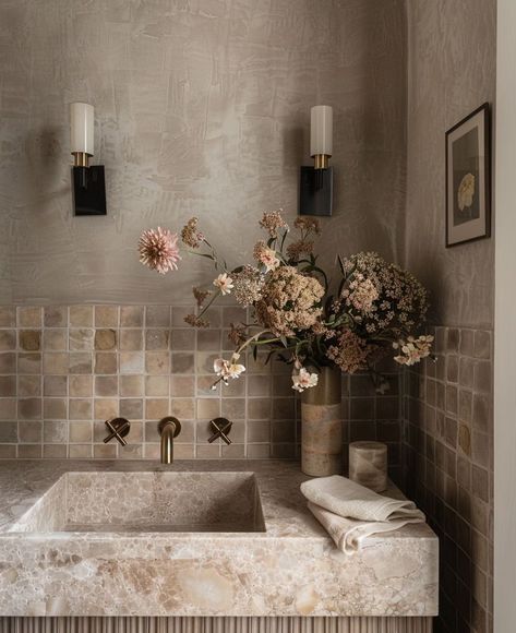 Serene & elegant 🤍 A powder room that exemplifies understated luxury with its exquisite blend of textures and natural tones. ••• Follow @newmodehome for more design inspiration and tips. #PowderRoom #BathroomDesign #InteriorDesign #LuxuryInteriors #ElegantSpaces #NaturalTones #DesignInspiration #MyNMH #TimelessDesign #SMMakelifebeautiful #cljsquad #powderroom #interiordecorating Al render by @newmodehome Nice Bathrooms, Luxury Powder Room, Floral House, Bathroom Sanctuary, Spring Kitchen, 2024 Inspiration, Bathroom Inspiration Decor, Bathroom Inspo, More Design