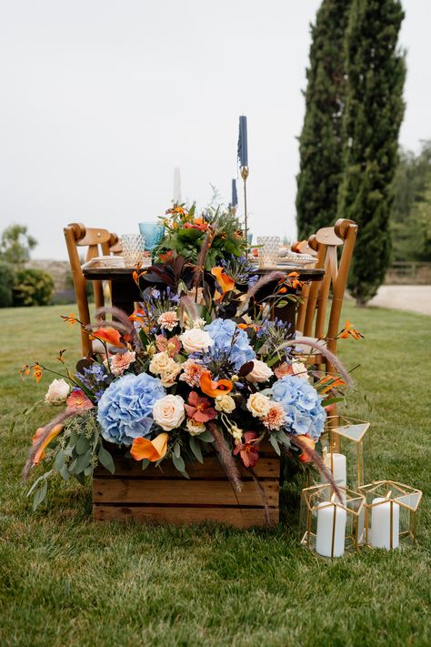 Sunset Color Flower Arrangements, Steel Blue And Orange Wedding, Peach And Blue Wedding Theme, Unique Fall Wedding Ideas, Dusty Blue And Terracotta Wedding, Blue And Burnt Orange Wedding, Orange Blue Wedding, French Blue Bridesmaid Dress, Blue Orange Weddings