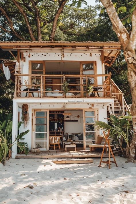 Cool Beach Houses, Tropical Cottage House, Coastal Boho House Exterior, Boho Tiny House Exterior, Small Beach Bungalow, Modern Beach Bungalow, Small Tropical House, Cheap Beach House, Beach Shack Exterior