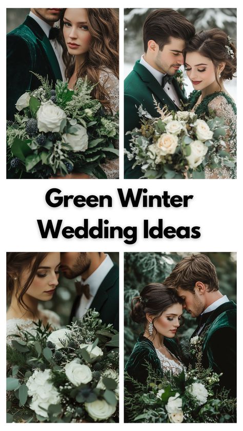 Elegant green winter wedding decor with dark green, sage green, and dusty blue accents. Burgundy And Evergreen Wedding, Rustic Emerald Green Wedding Theme, Dark Green Christmas Wedding, Evergreen Winter Wedding, Evergreen Wedding Decorations, Sage Green Winter Wedding, Green And White Winter Wedding, Dark Green Wedding Theme, Forest Green Wedding Theme