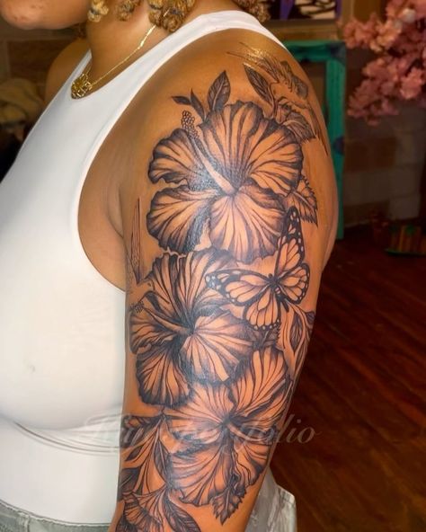 Jakiya Mason 🌹🎨 | Big Hibiscus Flowers 🌺 For her Floral Quarter sleeve, and other added pieces too Represent her Family 🫶🏽. Thank you for your Trust, Would… | Instagram Flower Sleeve Cover Up Tattoo, Hibiscus Tattoo With Butterfly, Tattoo Ideas Hibiscus Flower, Flowers Half Sleeve, Hibiscus Flower Tattoos Black Women, Flower Art Tattoo, Flower Quarter Sleeve Tattoo, Hibiscus Arm Tattoos For Women, Hibiscus Flower With Butterfly Tattoo