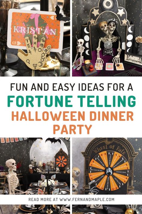 Host a Fortune Telling Halloween Dinner Party complete with DIY fortune-teller booth, tarot place cards, and a ouija-inspired serving tray! Get all the details at fernandmaple.com! Seance Theme Party, Fortune Teller Decor Halloween Party, Fortune Teller Game Ideas, Tarot Card Theme Party, Fortune Telling Party Ideas, Tarot Card Halloween Decor, Fortune Teller Props Diy, Halloween Psychic Decor, Fortune Teller Halloween Party