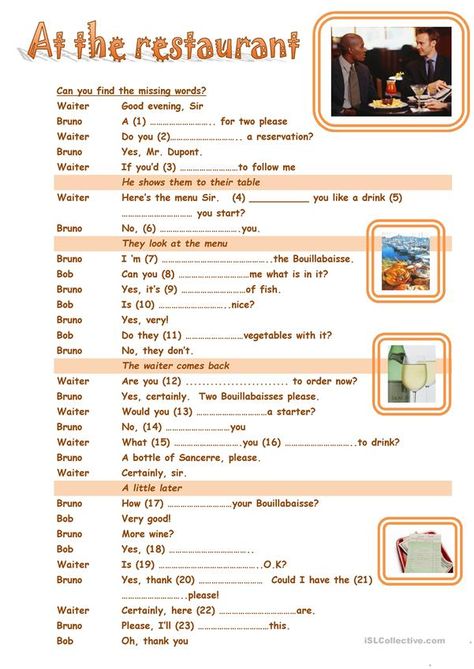 English Conversation Worksheets, Restaurant English, English Grammar Exercises, Grammar Exercises, Esl Lesson Plans, English Exercises, English Conversation, Esl Lessons, At The Restaurant