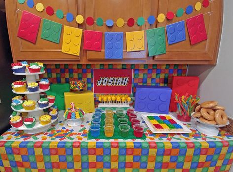 Lego first birthday party, dessert spread. Sweets table. DIY Lego party. Lego Bricks birthday Diy Lego Birthday Party Ideas, Lego Birthday Party Decorations, Lego City Birthday, Legos Birthday, Lego Themed Birthday Party, Lego Party Games, Lego Party Decorations, Lego Invitations, Lego Themed Party