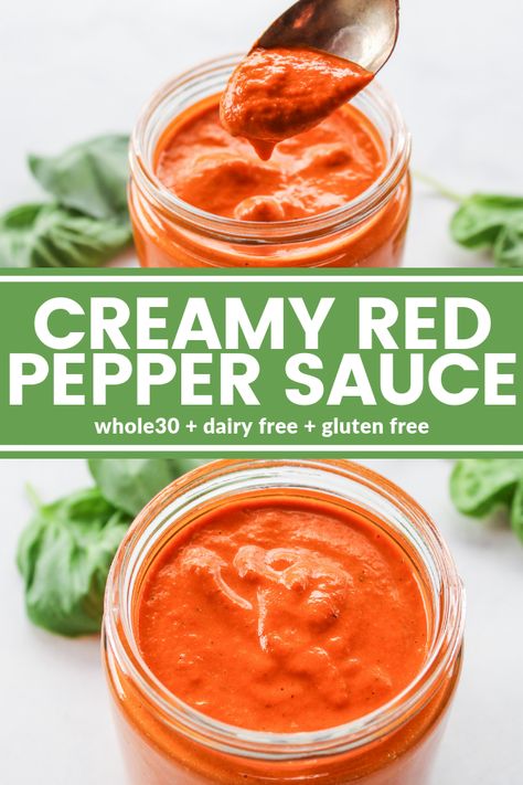 This Creamy Red Pepper Sauce is the absolute easiest, tastiest, and ready in just two minutes! Everything goes right into the blender! via @thewholecook Creamy Red Pepper Sauce, Creamy Pepper Sauce, Paleo Dips, Creamy Roasted Red Pepper Sauce, Red Pepper Sauce Recipe, Roasted Red Peppers Recipes, Red Pepper Pasta Sauce, Veggie Options, Red Pepper Recipes