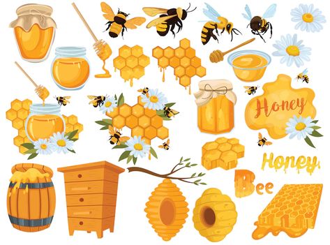 Premium Vector | Honey set. collection of beekeeping. illustration of beehive, bees and honeycombs. Honey Bee Images, Bee Banners, Bee Stuff, Design Doodles, Honey Label, Big Bee, Bee Images, Honey Packaging, Bee Farm