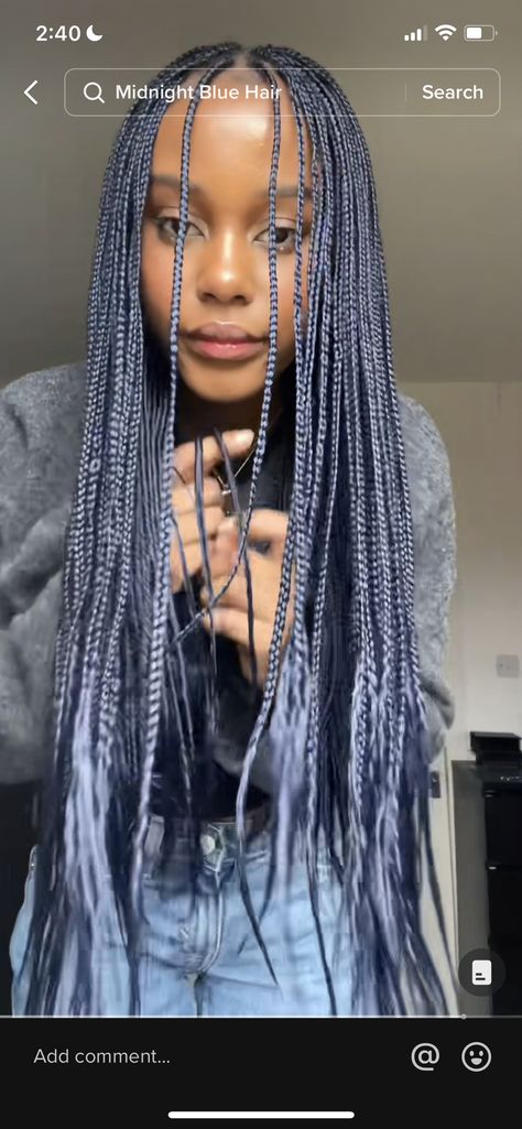 Blue And Brown Knotless Braids, Blue Hair Braids Black Women, Blue Black Braids For Black Women, Box Braid Colour Ideas, Cyberpunk Braids, Navy Blue Braids For Black Women, Navy Blue Knotless Braids, Midnight Blue Knotless Braids, Navy Blue Box Braids