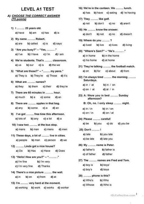 Placement Test (A1-A2) - English ESL Worksheets Taal Posters, English Grammar Test, English Grammar Exercises, Grammar Quiz, Grammar For Kids, English Teaching Materials, English Exam, Grammar Exercises, Teaching English Grammar