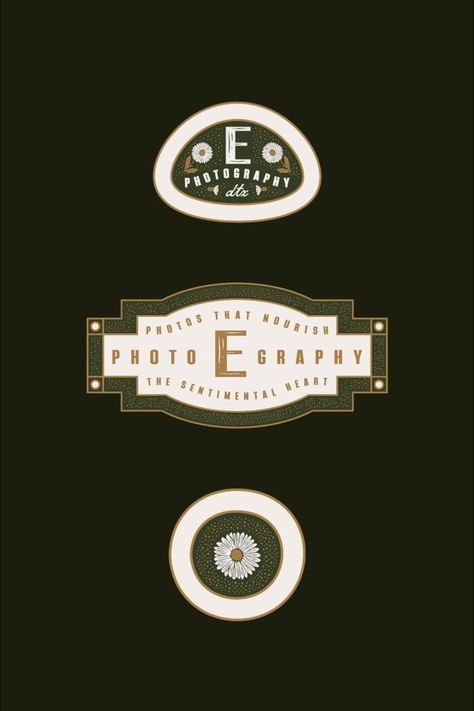 Vintage style full color logos including primary, secondary, brand mark, and monogram logos for E. Photography. Romantic branding for wedding and portraiture photographer in Dallas, Texas. Romantic Branding, Logo Suite, Monogram Logos, Plant Logos, Brand Mark, Feminine Branding, Logo Placement, Logotype Design, Game Logo