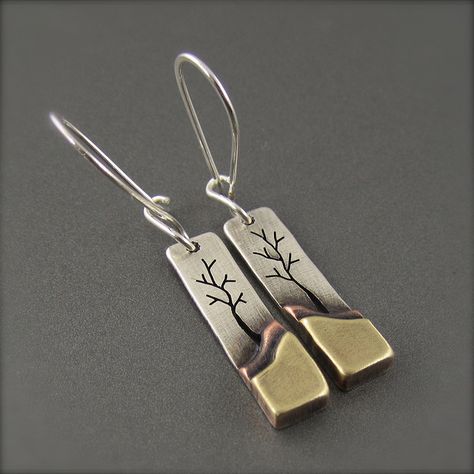 Narrow Mixed Metal Crooked Tree Landscape Earrings - Beth Millner Landscape Earrings, Metal Art Jewelry, Crooked Tree, Branch Earrings, Tree Landscape, Metal Clay Jewelry, Jewelry Earring, Earring Tree, Earring Patterns