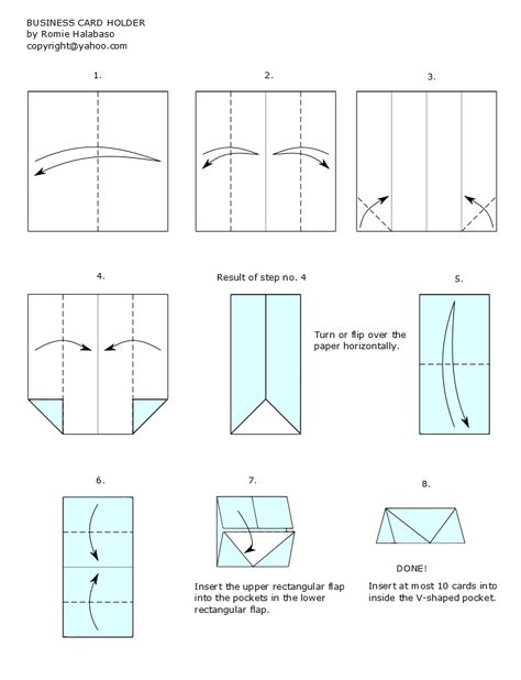 This is a very simple yet practical origami creation– a business card holder. I originally posted this at the Origami Resource Center and someeone wants to know how it is folded. In response … Card Holder Diy, Photo Cards Diy, Folded Business Cards, Simple Business Card, Origami Cards, Jw Pioneer Gifts, Pioneer Gifts, Diy Business Cards, Simple Business Cards