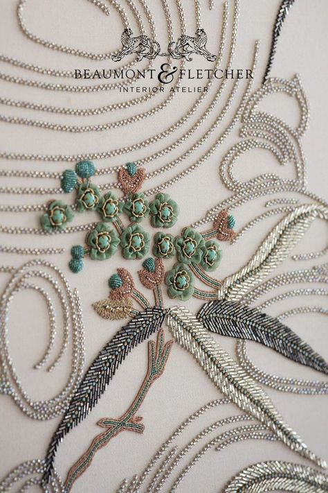 A close up of an Art Deco inspired hand embroidered fabric with exquisite metallic beadwork and appliqued flowers Art Deco Textiles, Art Deco Beading, Art Deco Interiors, Deco Interiors, Couture Fabric, Zardosi Embroidery, Embroidery Stitches Beginner, Embroidery Fashion Detail, Hand Work Design