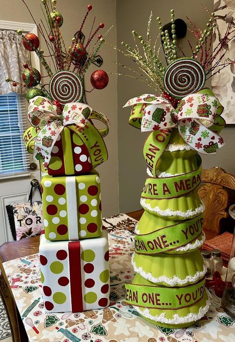 Dollar Tree Crafts & DIY with Instructions! + Freebies! 🥳 | Here’s my take on the stackable Christmas decor  from Dollar Tree in a Grinch theme | Facebook Dollar Tree Stackable Christmas Tree, Grinch Decor Diy, Diy Grinch Decor, Grinch Christmas Tree Diy, Dollar Tree Grinch Ideas, Grinch Christmas Decorations Diy, Grinch Decorating Ideas, Diy Grinch Tree, The Grinch Christmas Decorations Diy