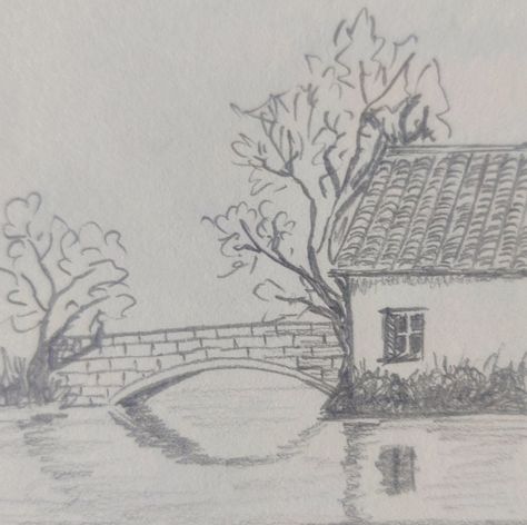 Cottage House Drawing Easy, Drawing Ideas Scenery Landscapes, Drawings Of Places, Old House Drawing Easy, Landscape Art Drawing, Simple Landscape Sketch, Scenery Sketches Pencil Easy, Sketches Of Houses, Scenery Sketch Landscapes