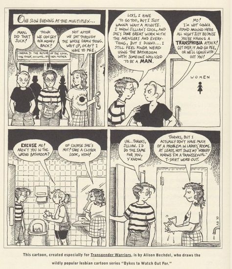 Cartoon drawn by Alison Bechdel for the book "Transgender Warriors" Alison Bechdel, Best Time To Post, Gay Comics, Queer Art, Cute Illustration, Get Over It, Dankest Memes, Art Inspo, Avengers