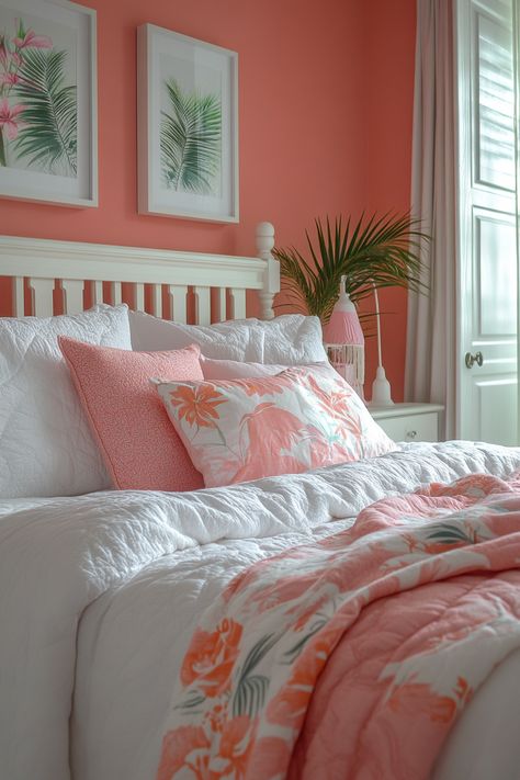 Transform your bedroom into a dreamy retreat with these 27 white and pink bedroom decor ideas. Explore soft textures, delicate floral patterns, and romantic accents. Discover white furniture with pink cushions, rose gold metallic accents, and romantic artwork. Find inspiration for pink and white striped curtains, plush pink rugs, and crystal chandeliers. Coral Girls Bedroom, White And Pink Bedroom Ideas, White Pink Bedroom, White And Pink Bedroom, Pink Bed Canopy, Pink Bedroom Decor Ideas, Pink Bedside Tables, White Floorboards, Pink Accent Chair