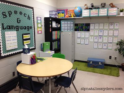 Speech Classroom Decor, Slp Classroom, Slp Office, Speech Classroom, Speech Therapy Room, High School Speech Therapy, Slp Organization, Therapy Clinic, School Speech Therapy