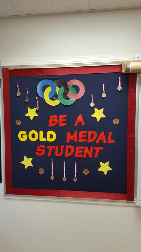 Olympic theme board Champion Bulletin Board Ideas, Olympic Back To School Theme, Olympic Theme Classroom Decorations, Olympic Theme Bulletin Board Ideas, Olympics Classroom Theme, Olympic Bulletin Boards For School, Olympics School Theme, Olympic School Theme, Reading Camp Ideas