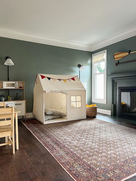 Playroom Reveal - The Adored Abode Fireplace In Playroom, Moody Playroom, Family Room Playroom, Office Plan, Simple Toys, Overhead Lighting, Large Baskets, Open Floor, Play Kitchen