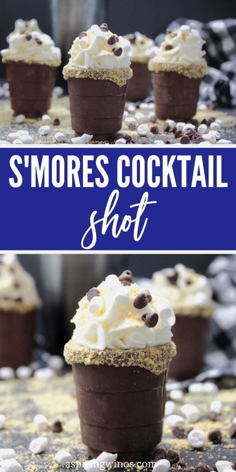 Smores Pudding Shots Alcoholic, Smore Pudding Shots, Whip Cream Shots, S’mores Shots, Smores Shots Alcohol, Ice Cream Shots, Recipes With Baileys S’mores, Irish Cream Shots, Whipped Cream Vodka Recipes