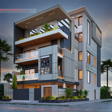 Corner Elevation Design Modern, G 4 Front Elevation Design, Corner Elevation, Duplex Exterior, Home Front Elevation, House Parking, Front Building Design, Builder Floor, House Bungalow