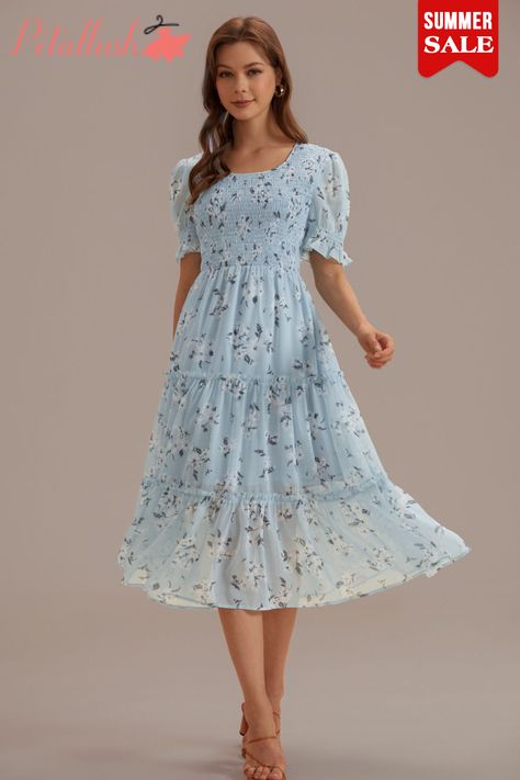 Blue Smocked Midi Dress, Unrealistic Dresses, Blue Dress With Sleeves, White Lace Maxi Dress, Style Guru, Timeless Dress, Chiffon Midi Dress, Light Blue Dresses, Comfy Dresses