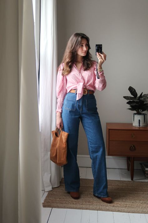 Rosie Ann Butcher, Tan Block Heels, Tinted Glasses, High Waisted Flare Jeans, High Waisted Flares, Block Heel Boots, 70s Inspired, Flare Jeans, High Waisted