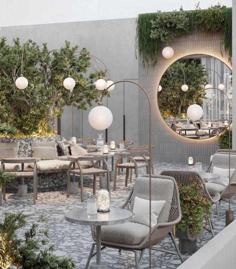 Villa Palma restaurant terrace on Behance Rooftop Restaurant Design Terraces, Terrace Furniture Design, Palma Restaurant, Cafe Bar Design, Restaurant Terrace, Outdoor Restaurant Patio, Rooftop Restaurant Design, Restaurant Exterior Design, Resturant Design