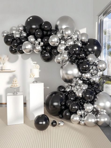 116pcs Black Silver Latex Balloons And 2 Adhesive Tape Perfect Decoration For Birthday Wedding Bridal Shower Gift Party Holiday Anniversary, Celebrations, Room Wall Photography Background, Decorative Balloon Garland Arch KitI discovered amazing products on SHEIN.com, come check them out! Black Party Decorations, Wall Photography, Silver Balloon, Metallic Balloons, Garland Arch, Black Balloons, Wedding Party Supplies, Baby Shower Party Supplies, Happy Birthday Balloons