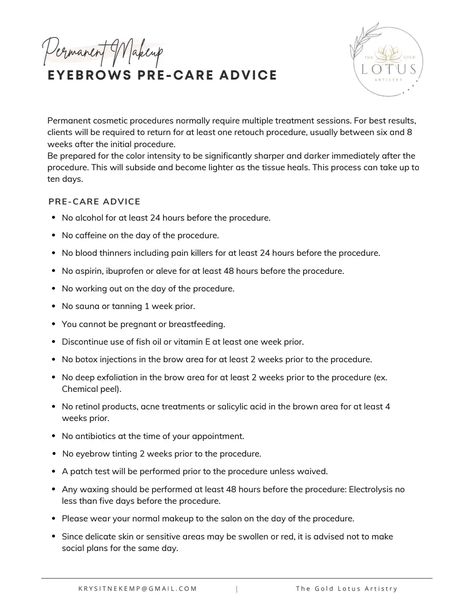 Copy of Pre And Aftercare Eyebrows - PMU.pdf Permanent Cosmetics, Cosmetic Procedures, Eyebrows, Initials, Healing