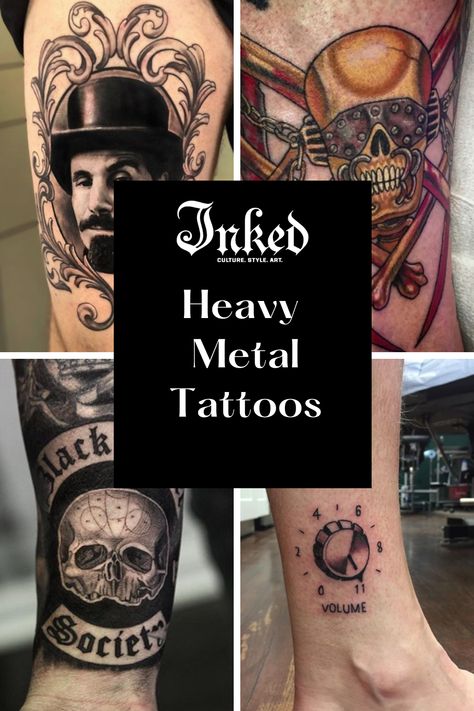 Heavy Metal Tattoo Ideas For Men, Metal Inspired Tattoos, Metal Tattoos For Guys, I Prevail Tattoo, Rock N Roll Tattoo Ideas, Rock And Roll Tattoo Ideas, Metalhead Tattoo Ideas, Metal Music Tattoo, Metal Band Tattoos