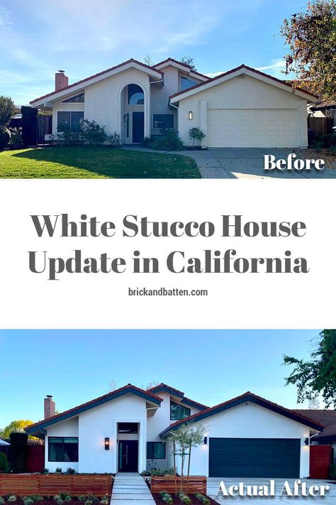 Stucco Two Story House, Arizona Stucco Exterior Colors, California Exterior Paint Colors, Modern Exterior Ranch Homes, Stucco House Colors Exterior Paint Ideas Modern, Old Stucco Exterior, Santa Barbara Finish Stucco Exterior, 90s Stucco Exterior Makeover, 1990s Home Exterior Update