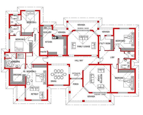 Bungalow House Floor Plans, Four Bedroom House Plans, Drawing House Plans, Single Storey House Plans, 5 Bedroom House Plans, Modern House Floor Plans, Bungalow Floor Plans, Bungalow Style House Plans, House Plans Mansion