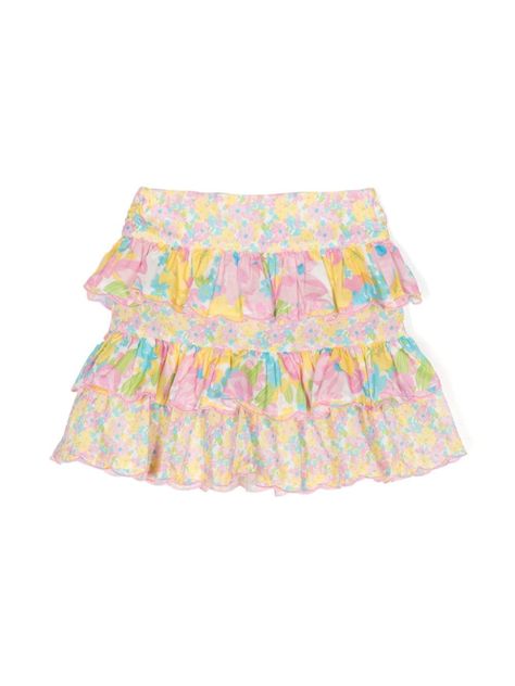 multicolour cotton all-over floral print elasticated waistband tiered skirt concealed rear zip fastening scallop hem Two Piece Set Skirt, Ruffled Skirts, Rush Skirt, Rush Skirts, Preppy Skirts, Pastel Clothing, Pastel Clothes, Clothes Preppy, Sorority Rush Skirts